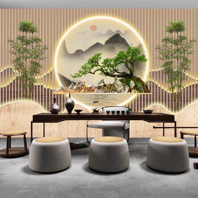 新中式古典竹木纤维板迎客松电视背景墙碳晶板客厅沙发装饰集成板