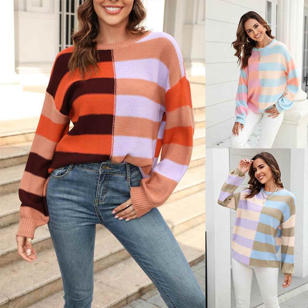 Womens Striped Contrast Color Round Neck Knit Sweater
