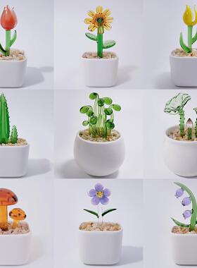 创意小摆件琉璃多肉仙人掌花彷真植物盆栽礼品纯手工水晶玻璃车载