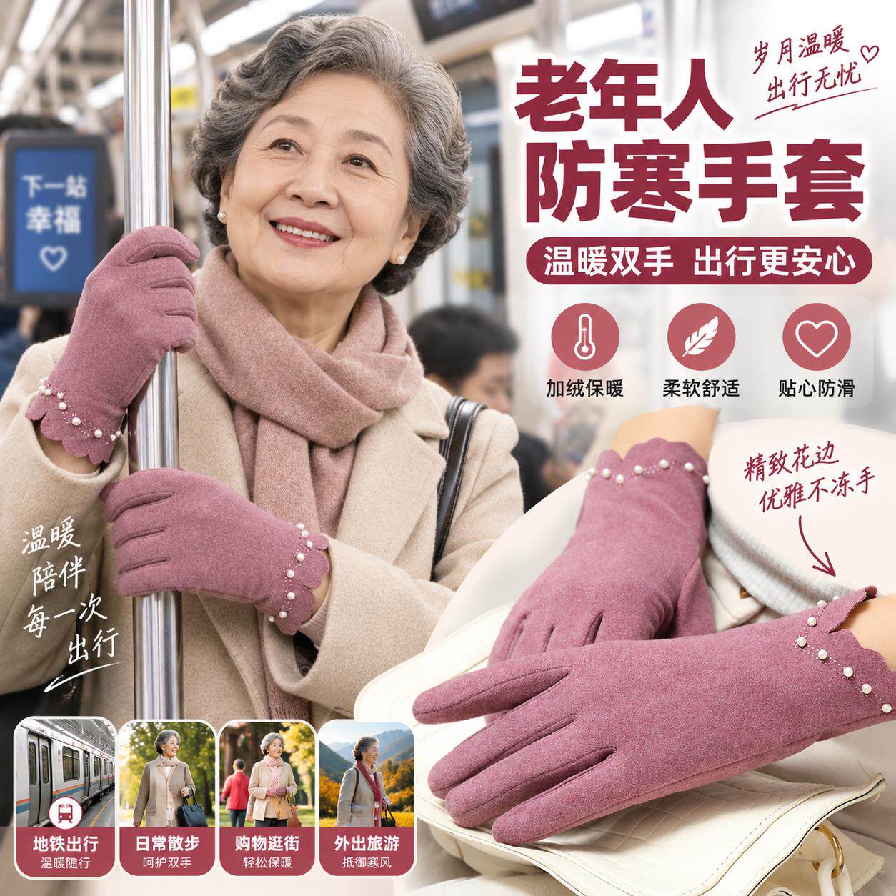 老年人手套女哈尔滨东北女式防寒男保暖中年妈妈奶奶加绒触屏冬天
