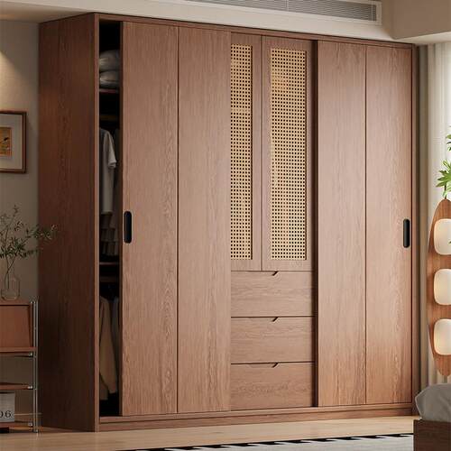 中古风实木推拉门定制衣柜家用卧室现代简约2026款衣橱储物收纳柜