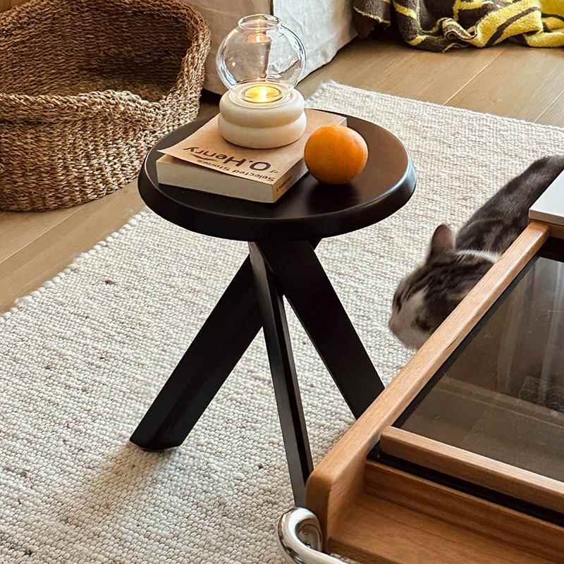 黑色实木小茶边几沙发圆桌子床头柜中复古风法式极简矮麻花凳阳台