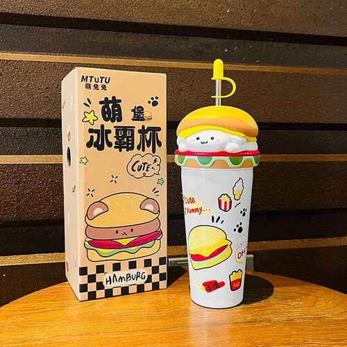 跨境热卖不锈钢304可爱萌萌汉堡保温杯吸管杯大容量635ml冰霸杯