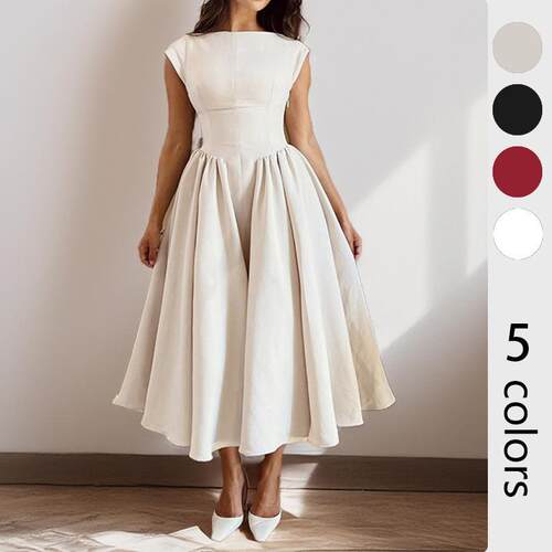 Womens Plain Backless Boat Neck A Line Dress Elegant