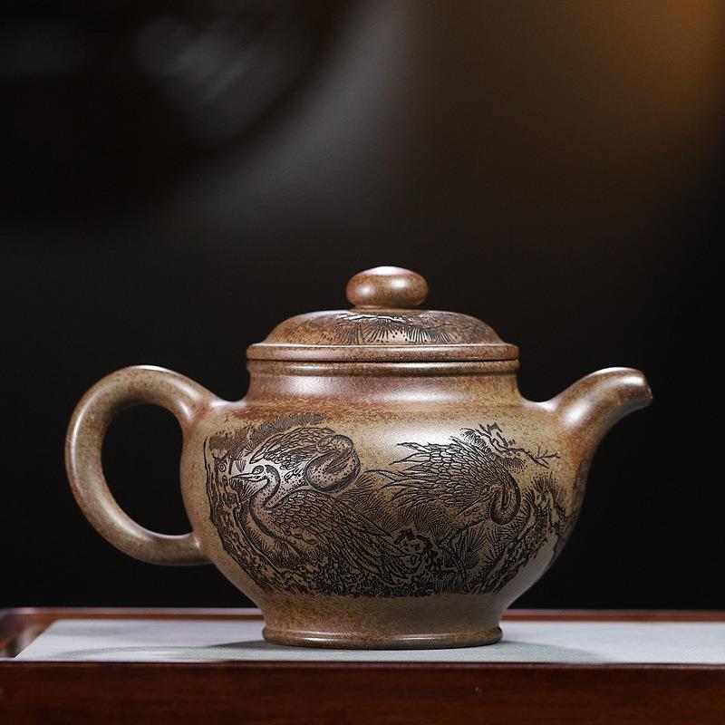 宜兴柴烧沉香泥紫砂壶全手工雕刻 松鹤延年掇只泡茶壶650cc大容量