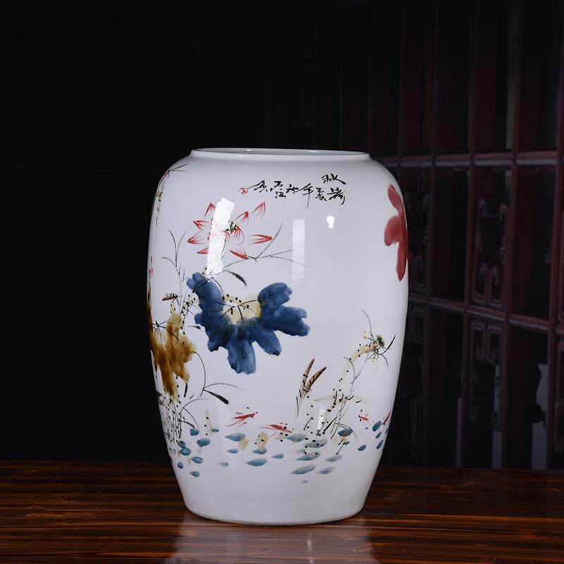 手绘荷花大号陶瓷花瓶家居装饰品干花景德镇陶瓷花瓶家居客厅摆件