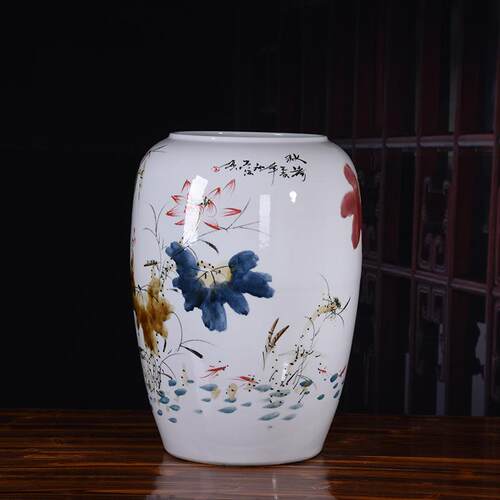 手绘荷花大号陶瓷花瓶家居装饰品干花景德镇陶瓷花瓶家居客厅摆件