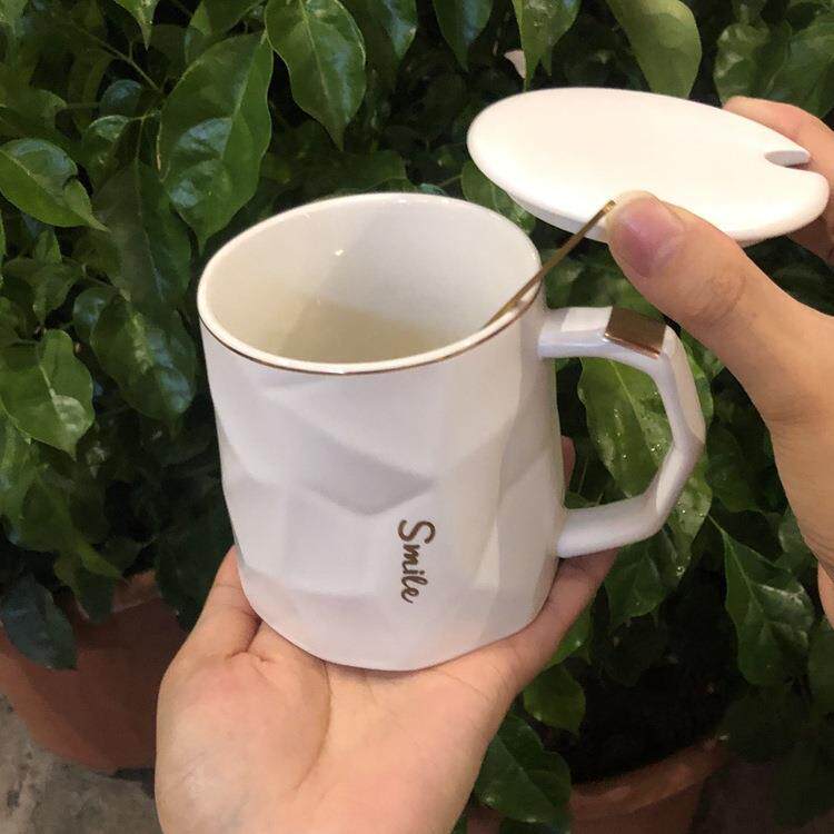 新款直销北欧ins陶瓷杯带盖勺大容量创意马克杯菱形水杯子个性礼