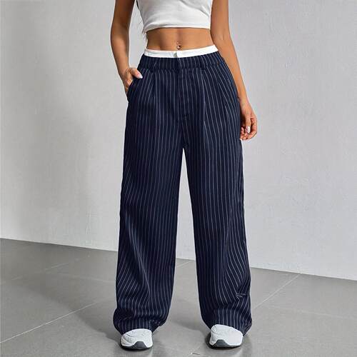 【Plus Size】 Pinstripe Print Pants Casual Work Pants