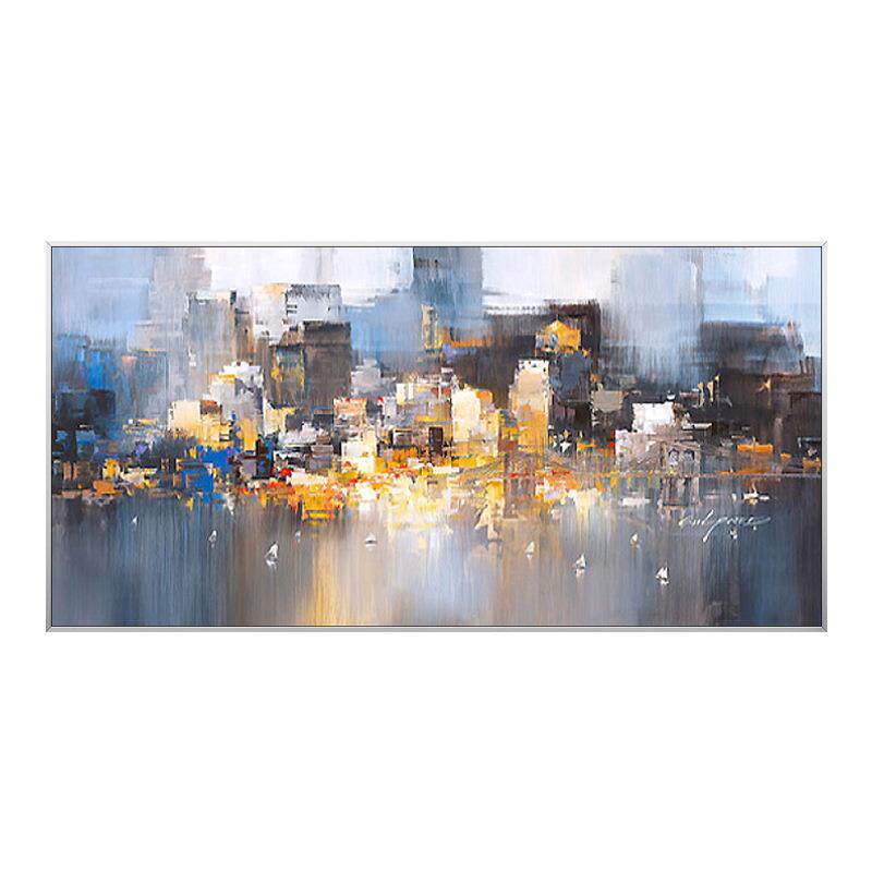 纯手绘油画抽象灰白城市夜晚客厅现代沙发背景装饰画走廊过道挂画