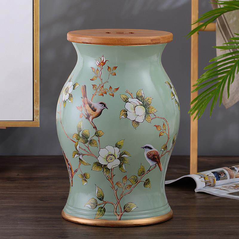 新品花鸟竹木陶瓷鼓凳美式家居工艺梳妆凳换鞋凳家居装饰摆件储物