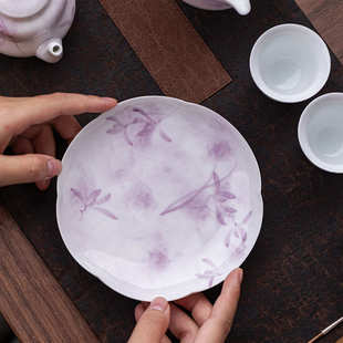 手绘暮紫兰心壶承干泡台女士高颜值陶瓷壶垫盖碗茶壶托盘中式果盘