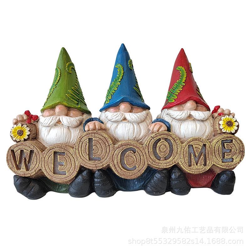 树脂欢迎牌小矮人花园侏儒太阳能LED户外装饰花园灯摆件雕像