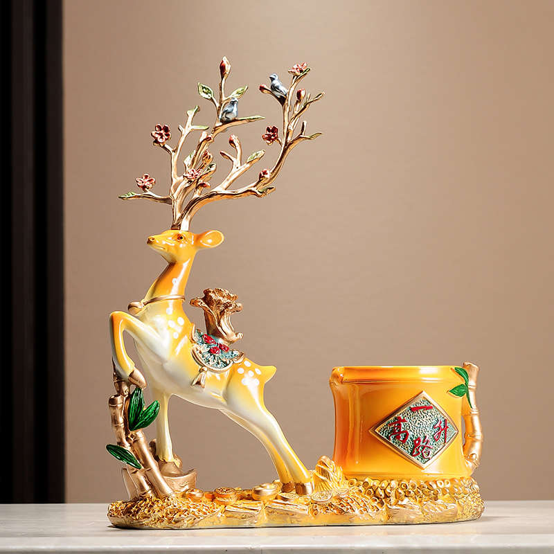 梅花鹿摆件带带笔筒 办公室桌面收纳筒装饰品 家用客厅卧室摆件