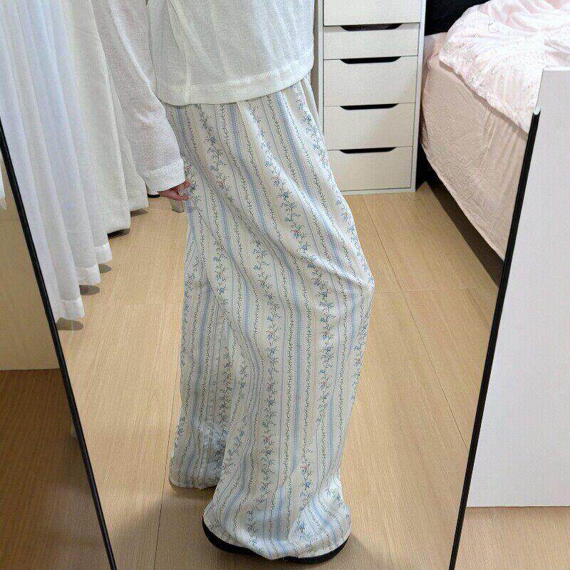 棉绸裤子外穿女夏薄款睡裤家居裤凉凉裤遛弯裤防蚊裤蓝色印花长裤