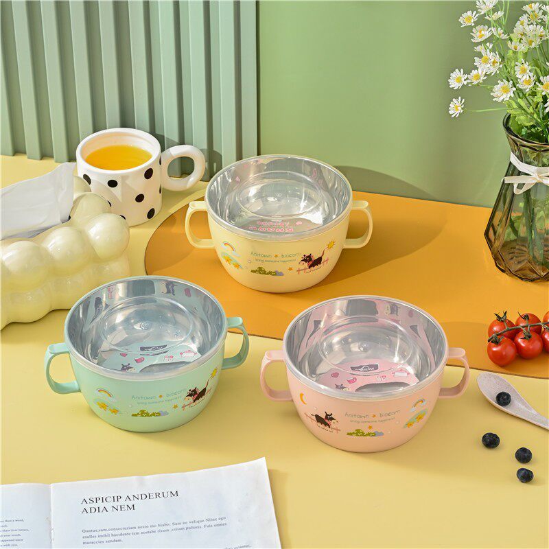 儿童碗防摔防烫不锈钢304餐具带手柄双耳汤碗勺小学生吃饭宝宝碗