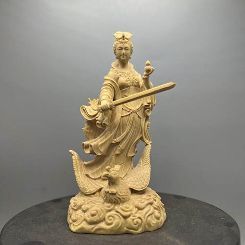 黄杨木雕九天玄女神像实木家用供奉车载摆件道家女神玄女娘娘饰品