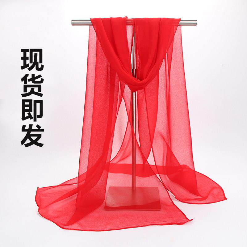 丝巾女百搭春秋薄小长条窄红色围巾装饰旗袍披肩长版舞蹈雪纺纱巾
