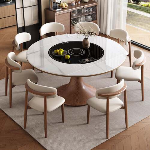 岩板餐桌内嵌多功能暖菜板电磁炉一体转盘现代简约家用伸缩折叠桌