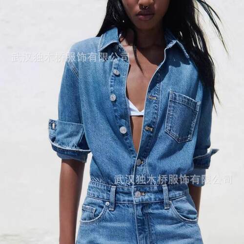 Women's collar pocket long sleeved denim jumpsuit