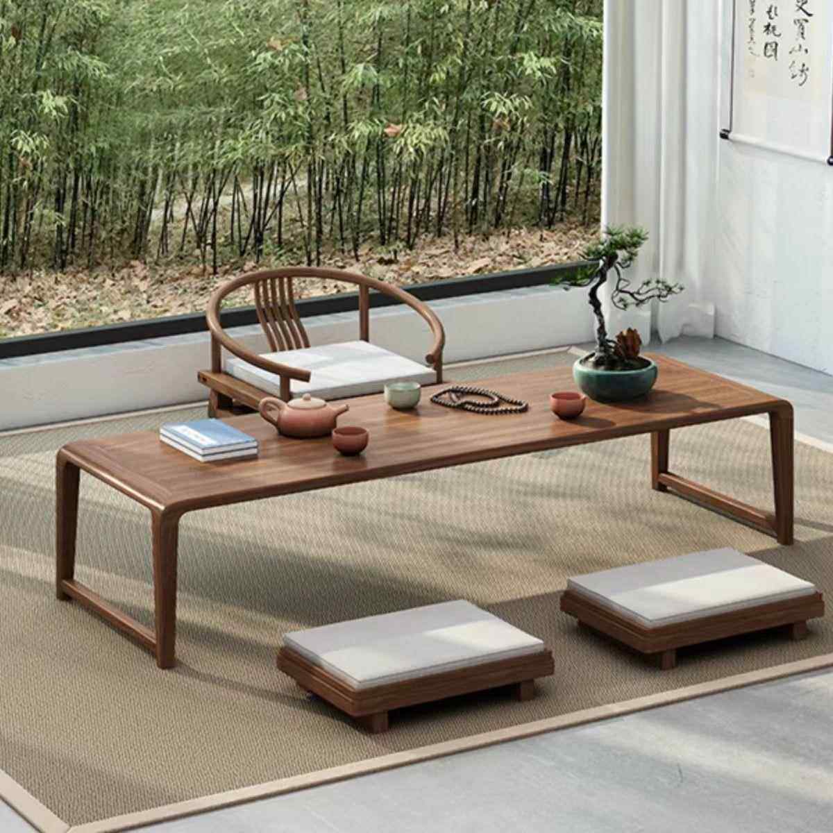 新中式榻榻米茶桌组合日式禅意飘窗桌黑胡桃木老榆木实木矮桌炕几