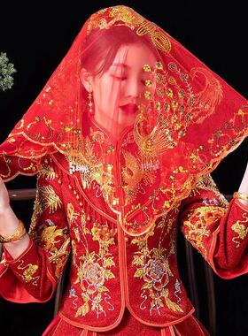 中式婚礼盖头秀禾服红盖头抖音网红纱盖头新娘头纱红色结婚透明纱