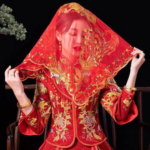 中式婚礼盖头秀禾服红盖头抖音网红纱盖头新娘头纱红色结婚透明纱