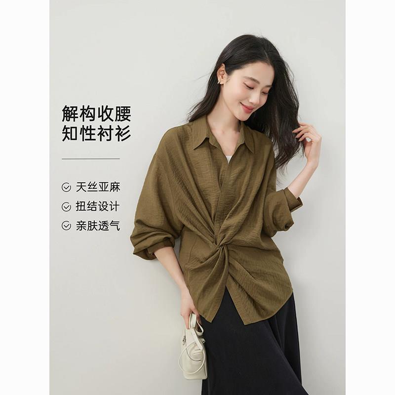 JOVKATTI解构主义莱赛尔亚麻知性翻领廓形纽结造型收腰衬衫女新款