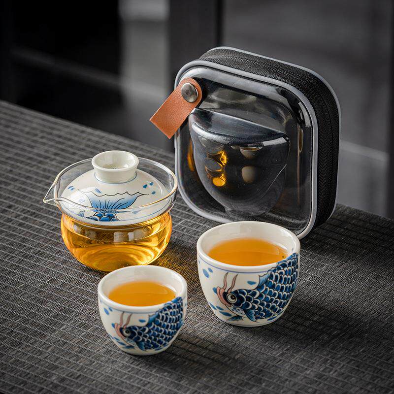 锦鲤旅行茶具一壶二杯户外便携式旅游功夫茶具套装快客杯商务礼品