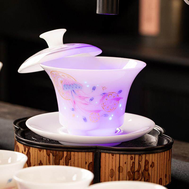 创意变色夜光冰种水母悬停三才盖碗茶杯旋转高档陶瓷功夫送礼茶具