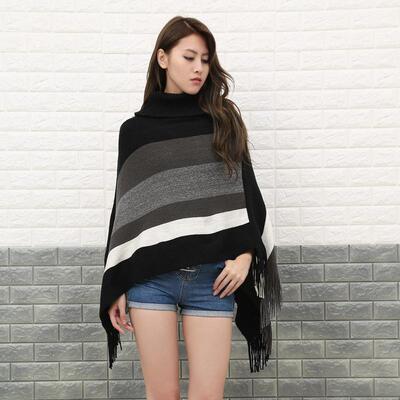 High neck striped fringe shawl cape sweater knitted