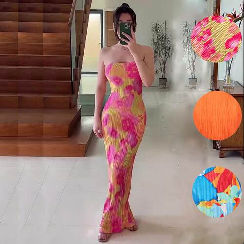 Womens Y2k Strapless Maxi Dress Floral Print Pencil Skirt