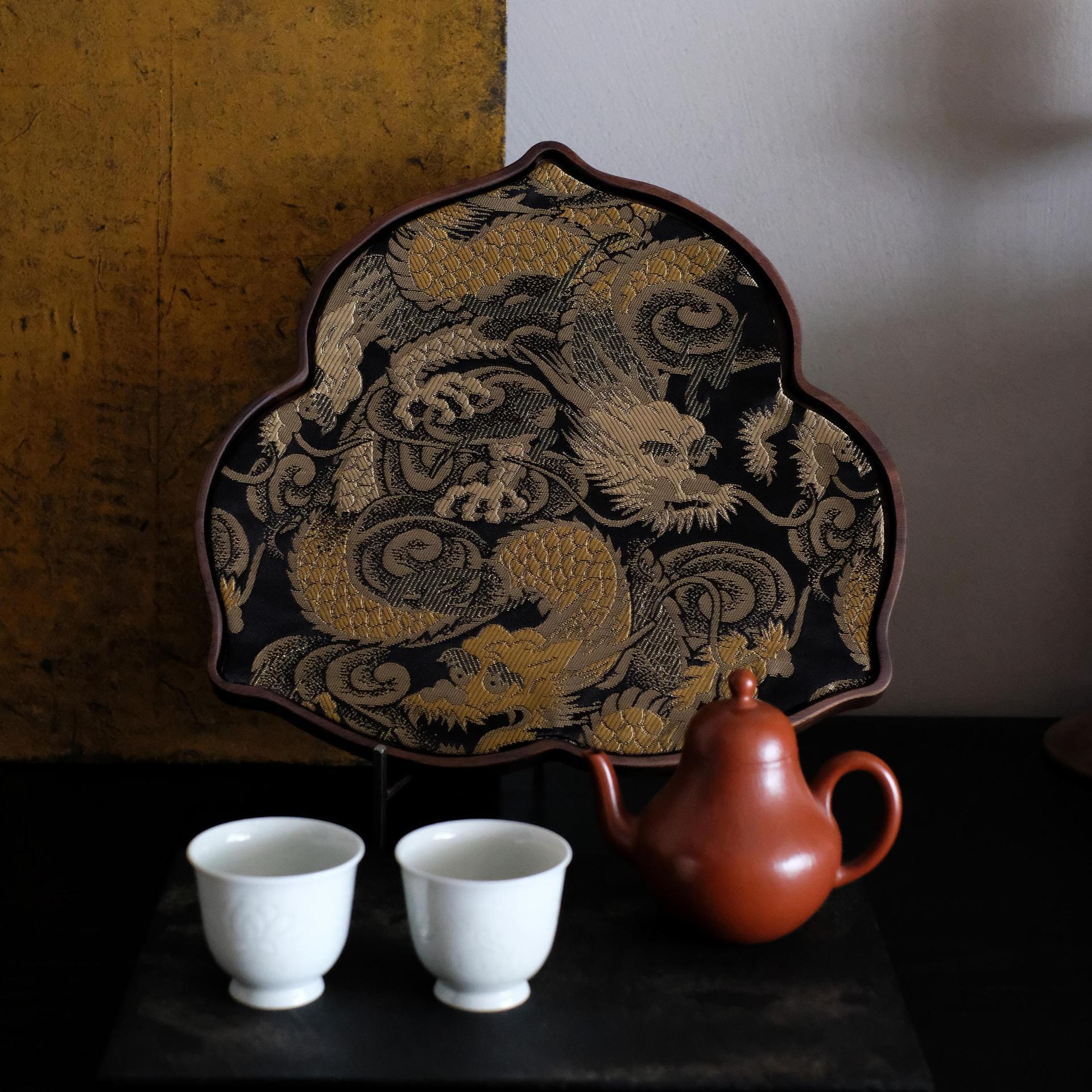 慢蓝香云纱 红云纱织锦茶席垫 北美胡桃木干泡盘桃型茶席23*22