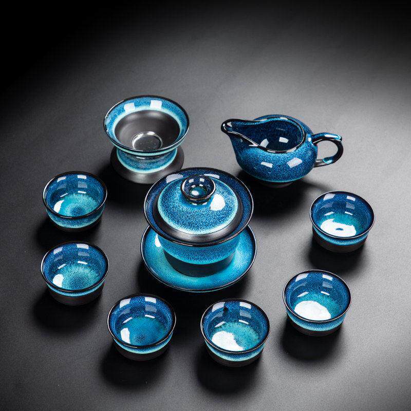 景德镇天目建盏功夫茶具套装家用窑变陶瓷盖碗泡茶茶壶喝茶小茶碗