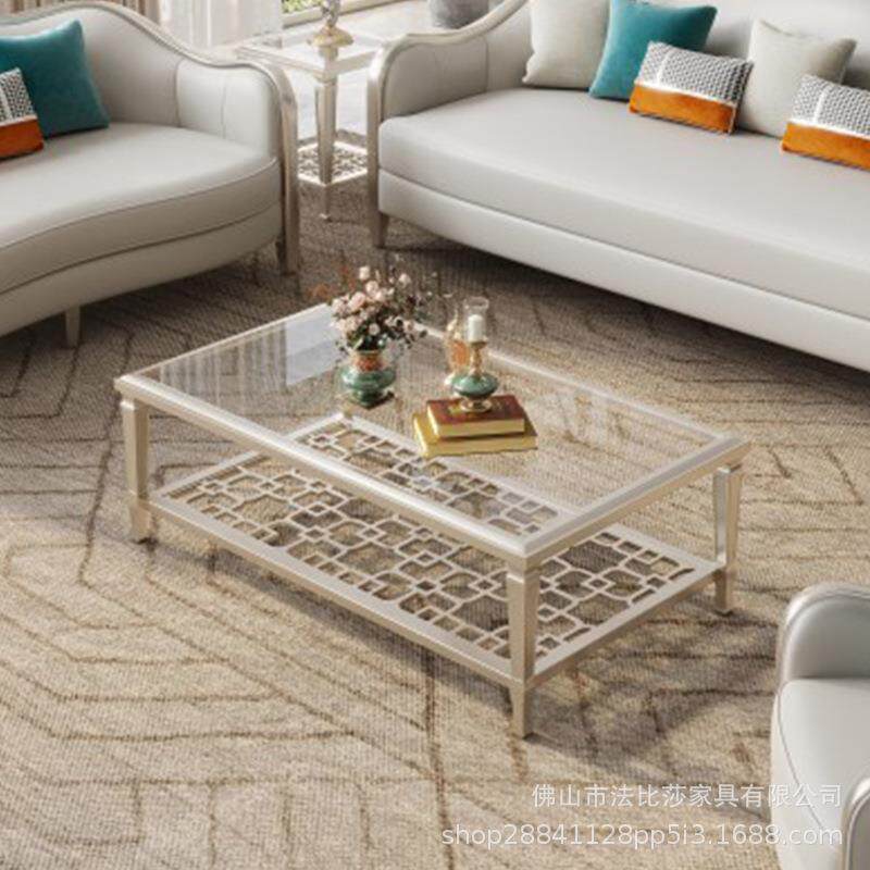 美式轻奢钢化玻璃茶几美式实木样板间茶几电视柜组合现代简约客厅