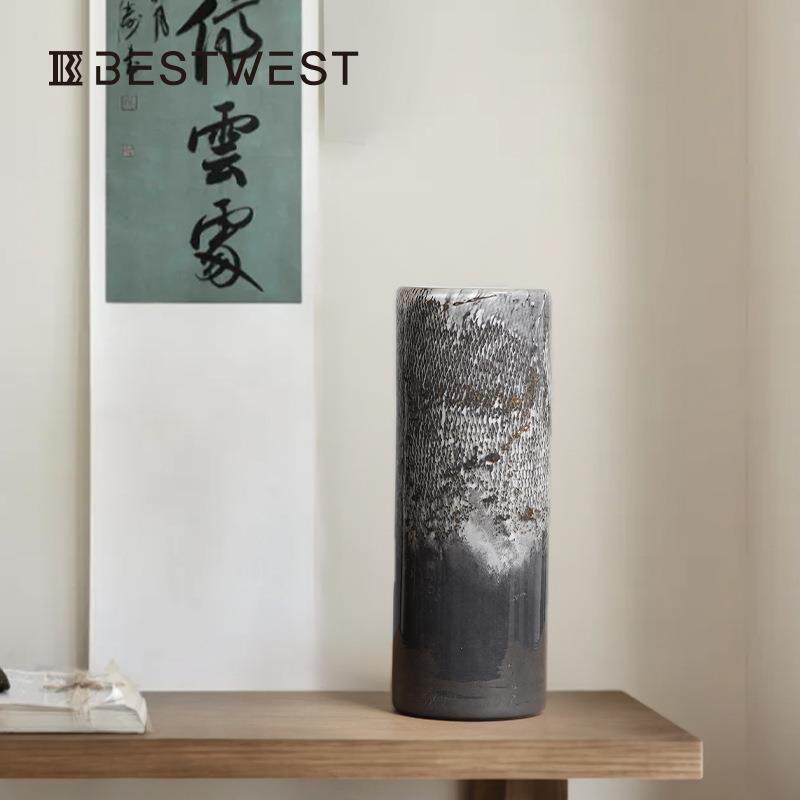 博西家居烟灰大理石纹理直筒圆柱花瓶高档轻奢样板间软装饰品