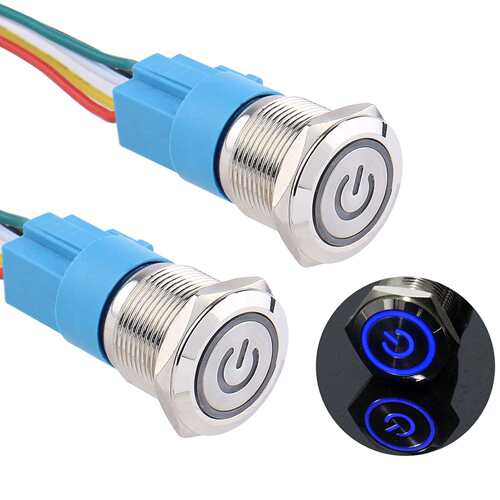 DMWD 2PCS 19mm 锁闭按钮开关 12V-24V 开/关1NC 自锁金属银
