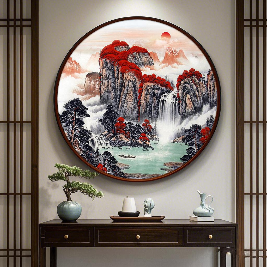 玄关装饰画鸿运当头挂画圆形泰山靠山图壁画中式客厅办公室山水画