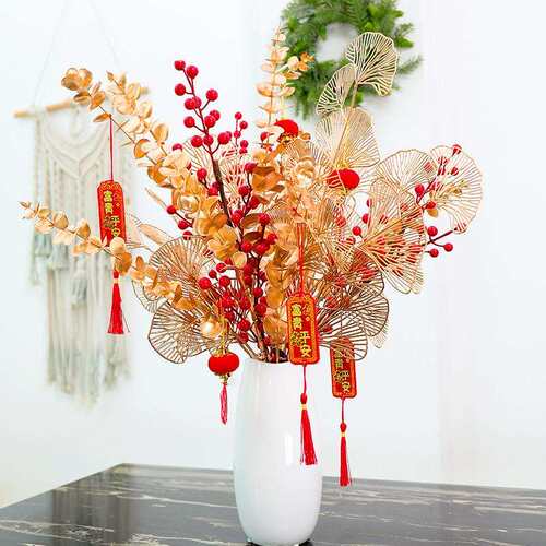 发财果红色红果冬青果假花仿真花摆设客厅新年装饰花婚房花艺摆件