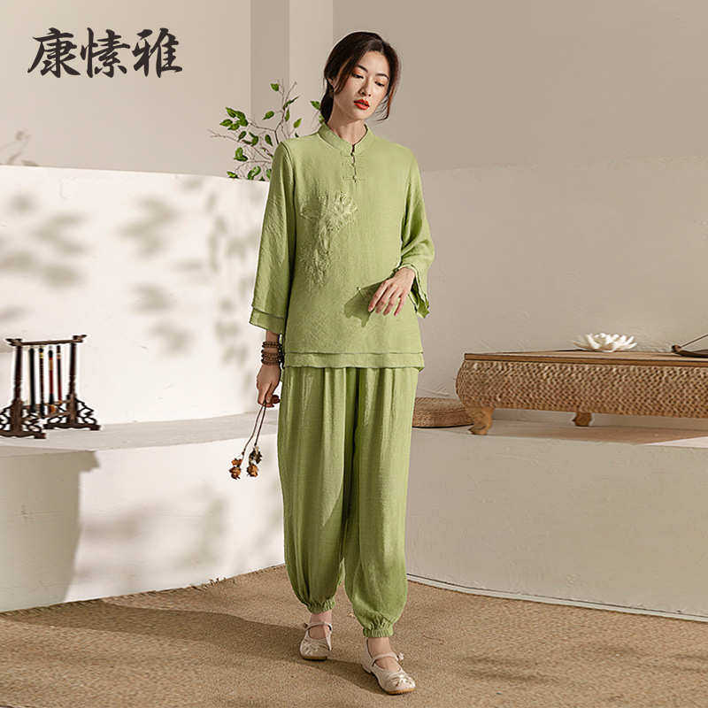 太极服套装秋冬新款女长袖中国风印花禅修服宽松武术表演服装批发