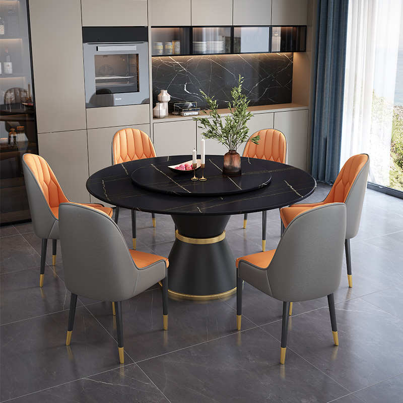 岩板餐桌家用轻奢现代简约小户型饭桌圆形转盘多功能旋转椅子组合