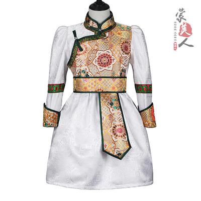 高档女蒙古袍童台连衣舞主裙红色高公端服饰儿蒙古族童装演出服长