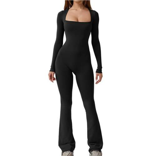 E 60136 High Waist Square Neck Wide Leg Jumpsuit 腰方领连