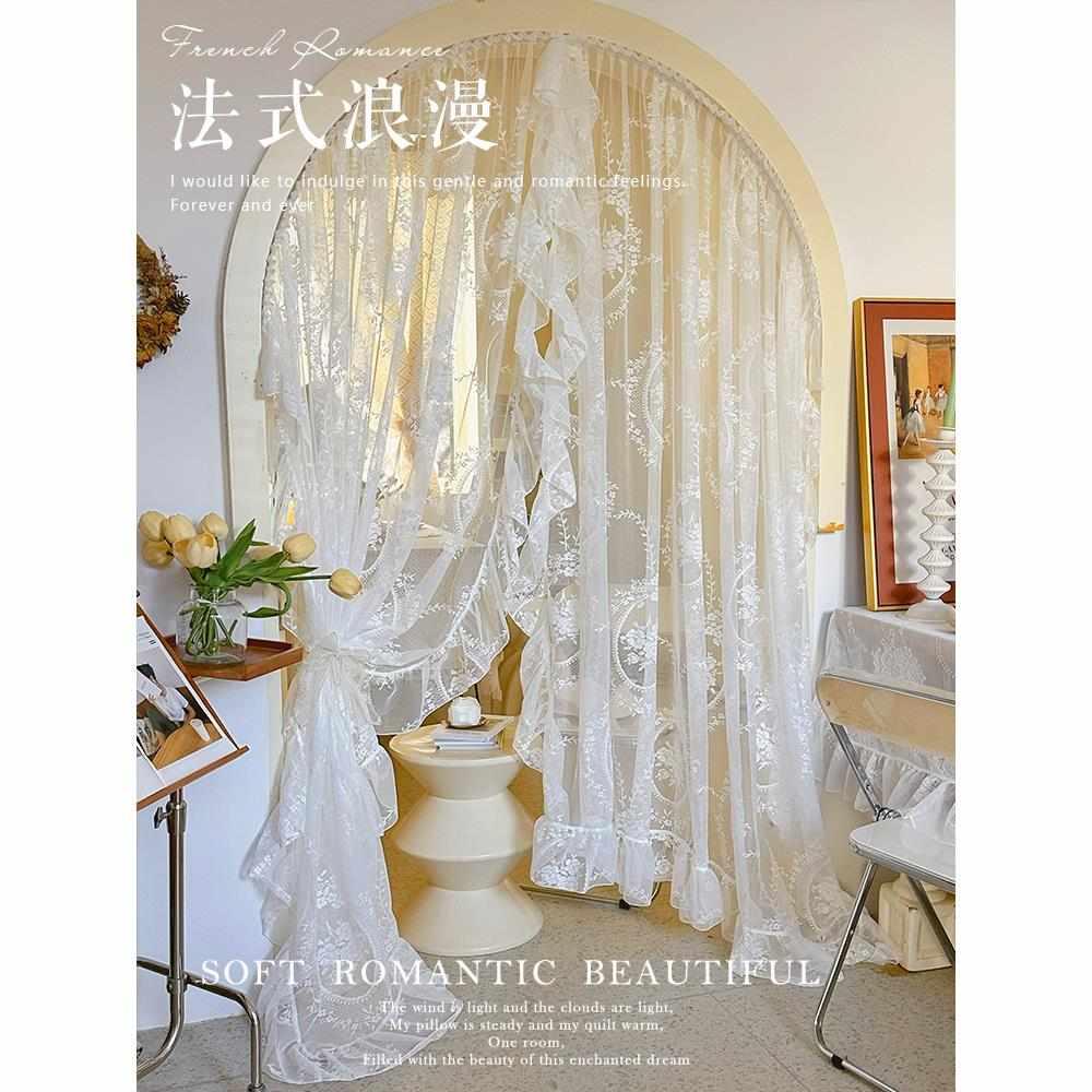 法式白色浪漫复古蕾丝魔术贴免打孔纱帘隔断半截帘遮挡帘弧形门帘