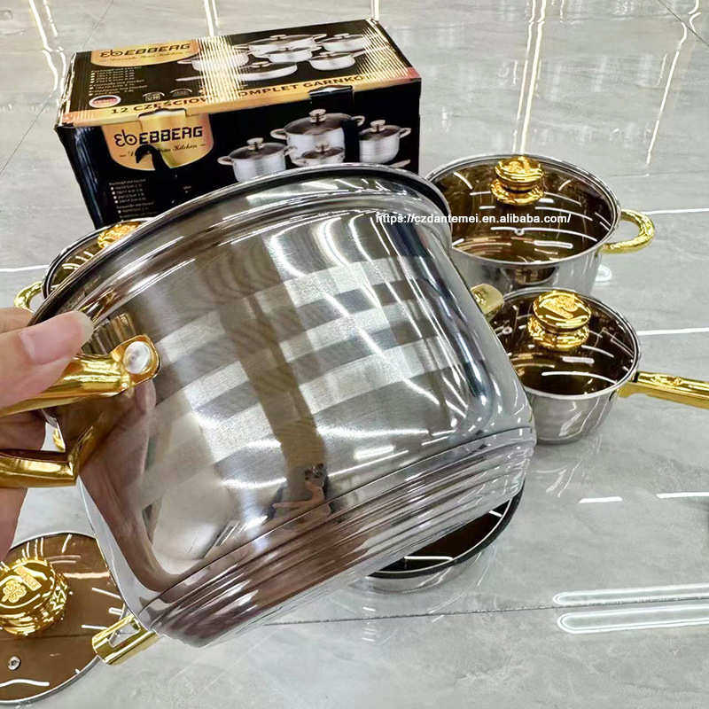 不锈钢锅具套装加厚复底套装锅奶锅炒锅汤锅12件套外贸礼品