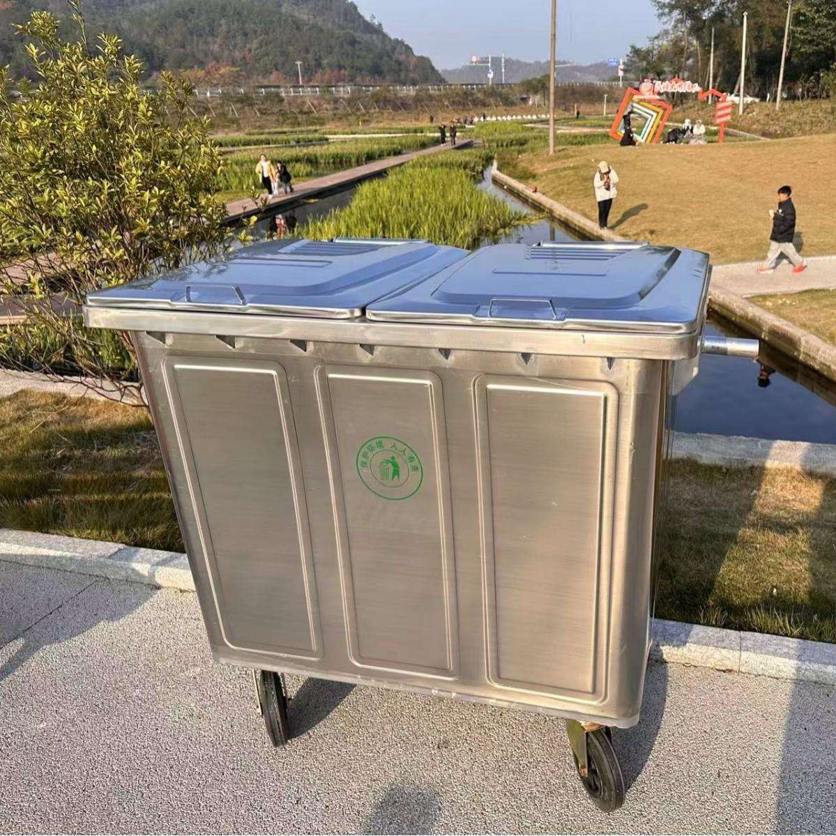 环卫垃圾桶660升不锈钢市政挂车垃圾桶带轮镀锌板1100L金属垃圾车
