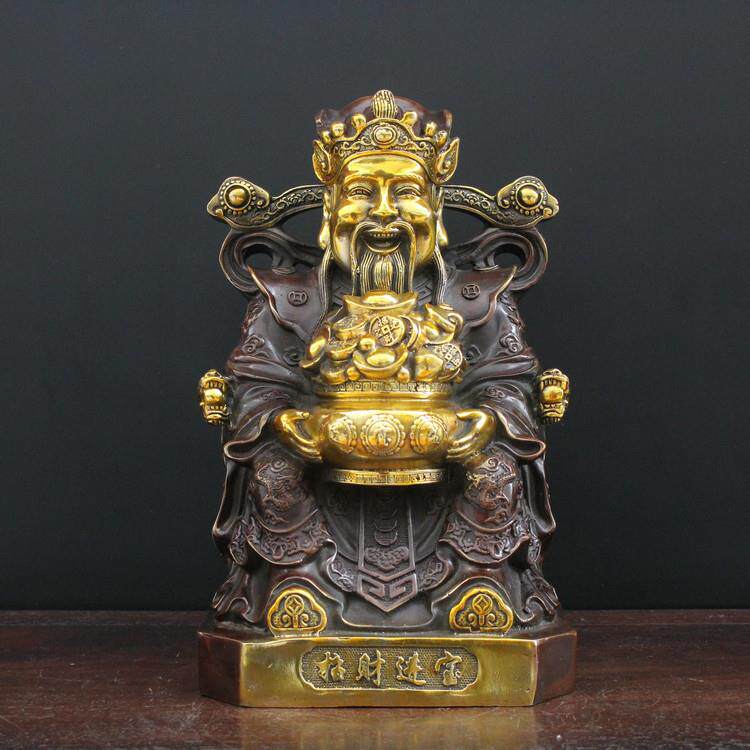 纯铜财神爷摆件大号聚宝盆坐财神小号点金财神爷家居铜雕塑工艺品