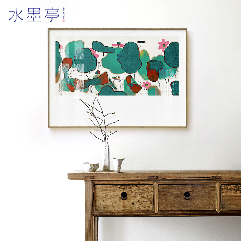 陈家泠 现代餐厅装饰画新中式彩色客厅挂画金属框荷花艺术壁画图片