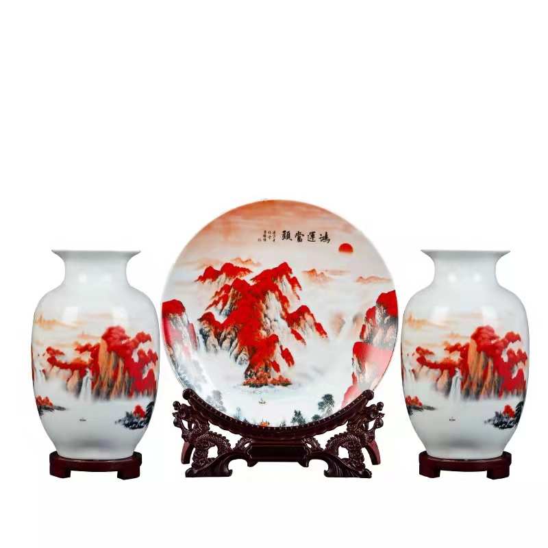 景德镇陶瓷客厅电视柜装饰摆件鸿运当头三件套花瓶乔迁新房摆设品