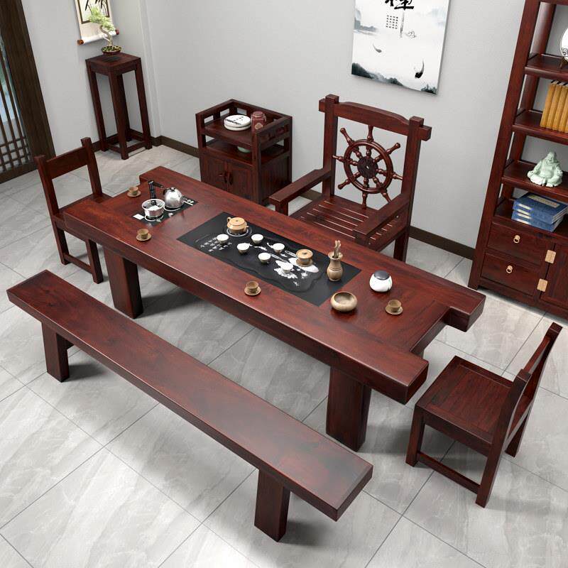 老船木茶桌椅组合一桌五椅实木茶台办公室茶几功夫茶桌烧水壶一体